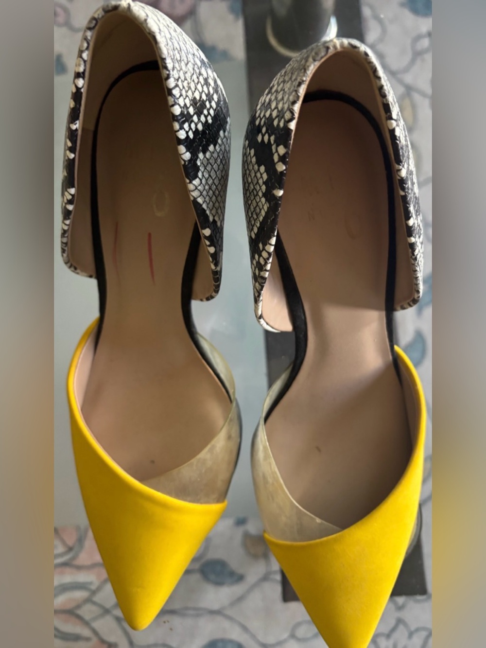 Mix No. 6 Women’s Yellow Pointed Toe D’Orsay Flats with Snake-Print Heel